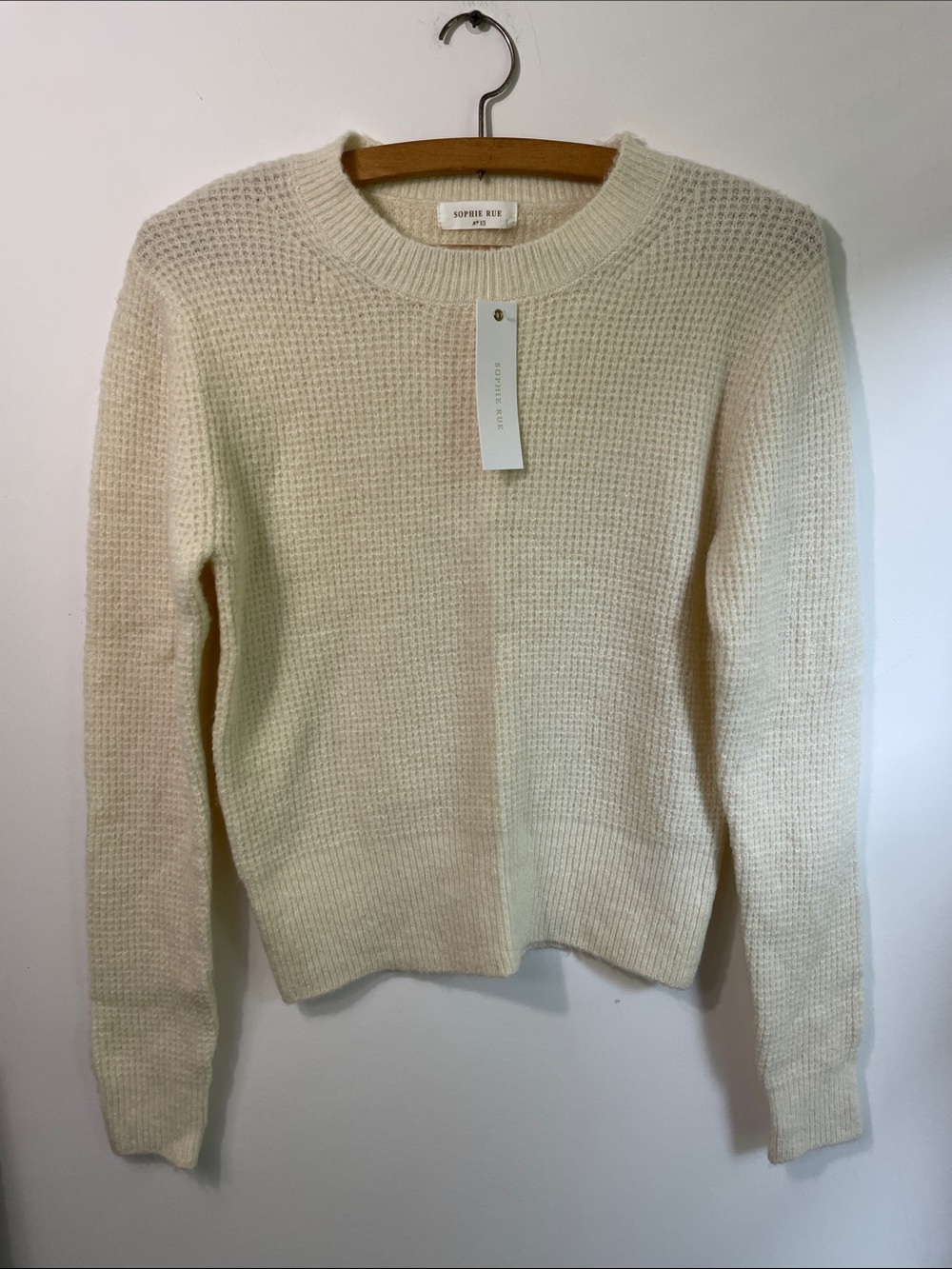 NWT Sophie Rue Ivory Waffle Knit Long Sleeve Crewneck Sweater Size XS
